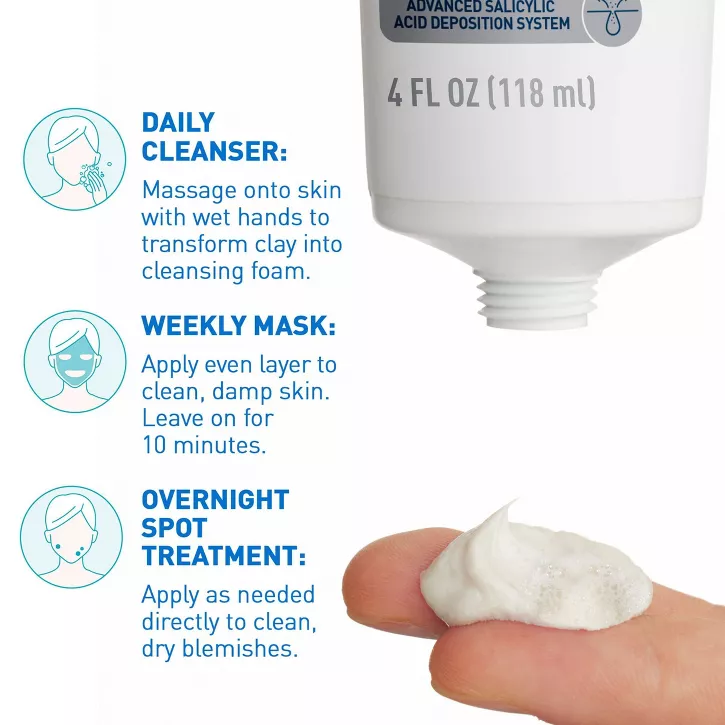 CeraVe 3in1 Acne Clay-to-Foam Facial Cleanser, Mask & Spot Treatment - Image 3
