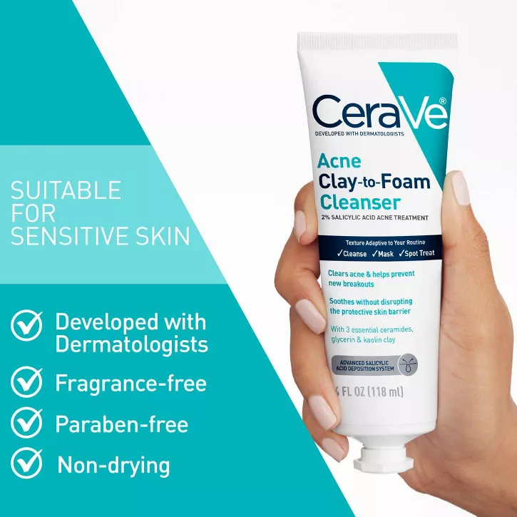 CeraVe 3in1 Acne Clay-to-Foam Facial Cleanser, Mask & Spot Treatment - Image 4