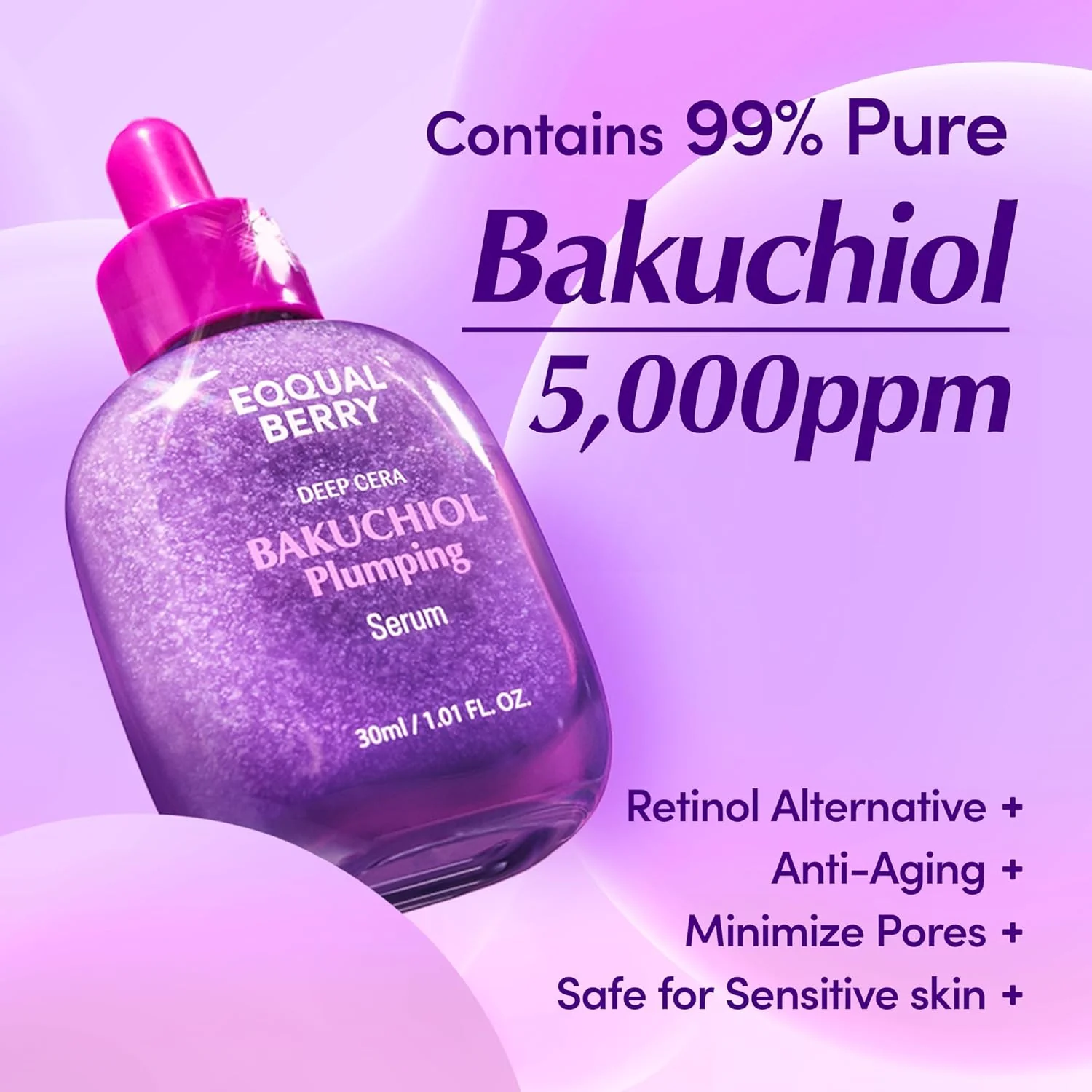 Eqqual Berry Bakuchiol Plumping Serum Minimizador de poros y arrugas, Alternativa de retinol para pieles sensibles - Image 8